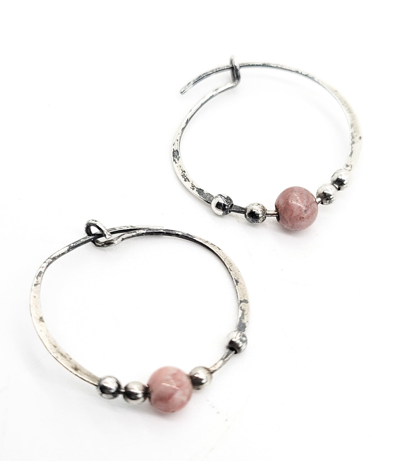 Rhodochrosite pink banded gemstone vintage sterling silver hoop earrings