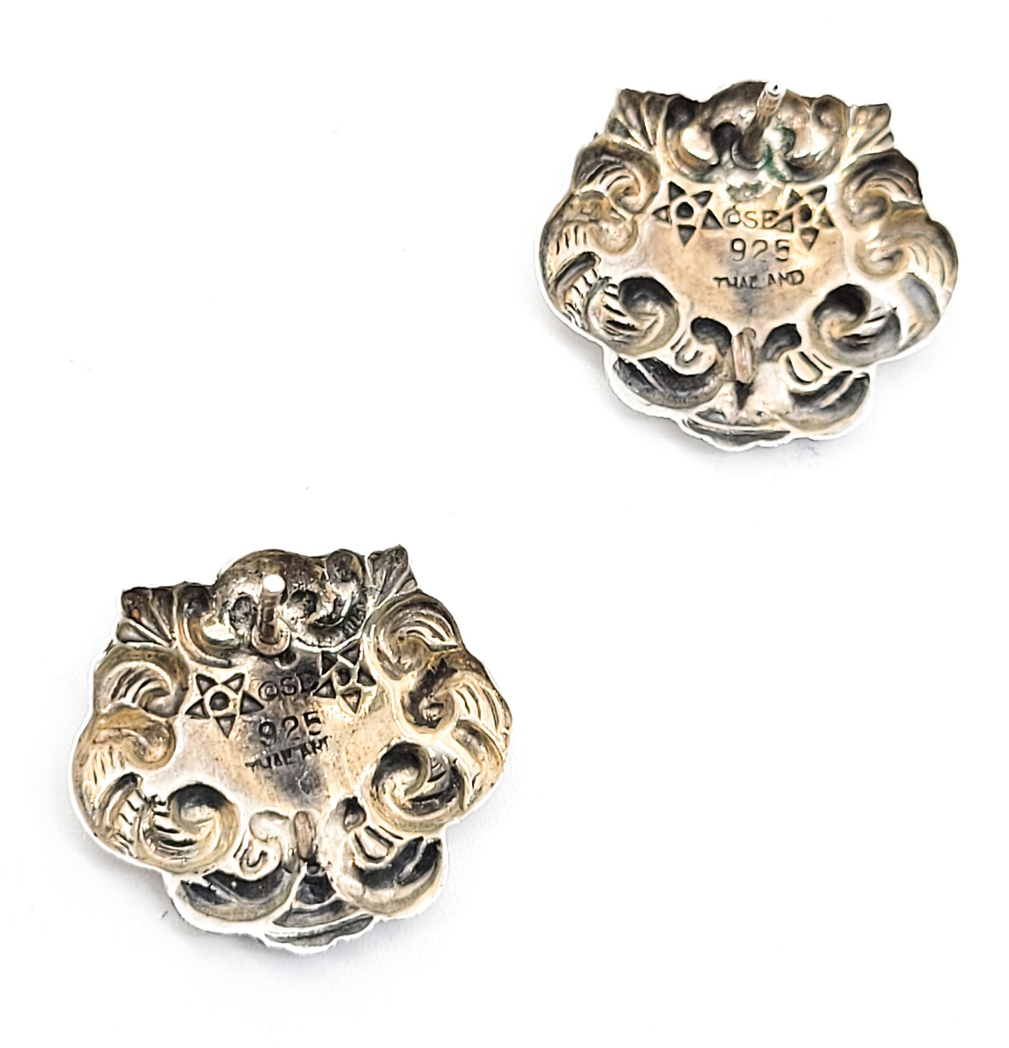 Art Nouveau style repousse shield sterling silver vintage earrings signed SE