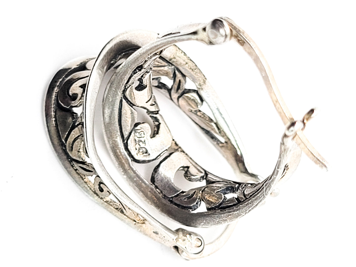 Tribal Balinese Bali style open work vintage thick sterling silver lever back hoop earrings