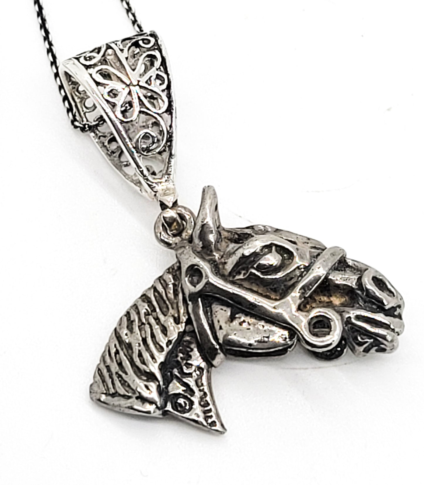 Kiva signed horse head with bridle vintage equestrian sterling silver necklace