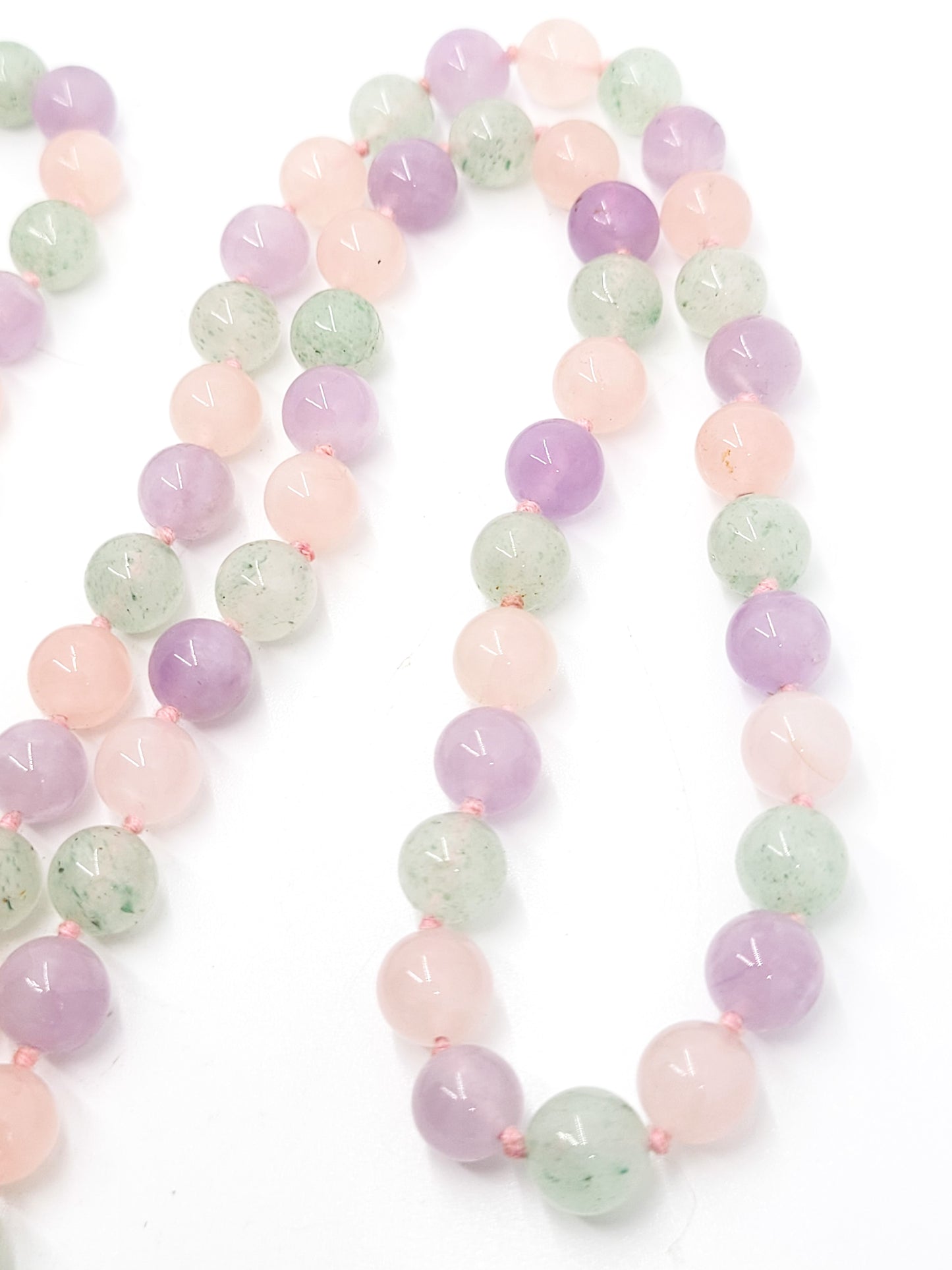 Multi colored Jade hand knotted green, pink and purple vintage necklace 30 inches