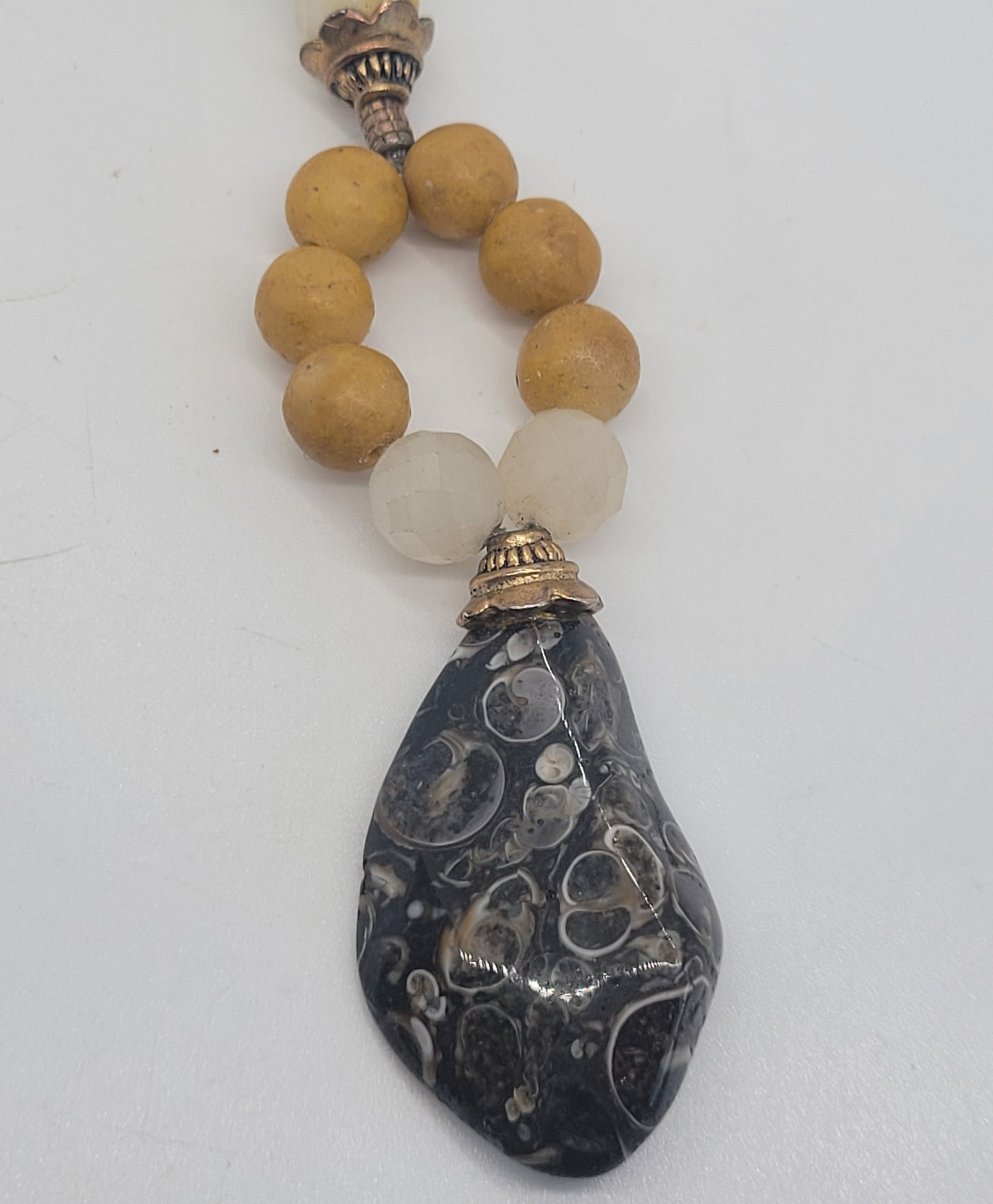 Turritella agate fossil Brown Pen shell Heishi beaded vintage pendant artisan necklace