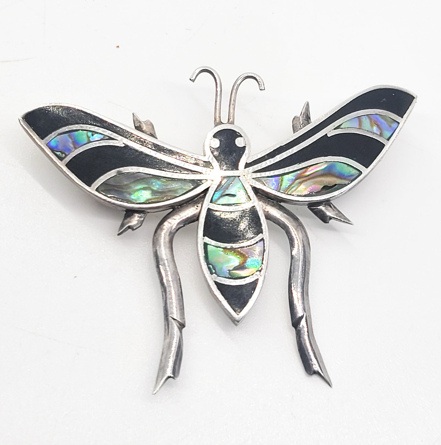 Bee Abalone Paua shell and black onyx inlay vintage sterling silver brooch