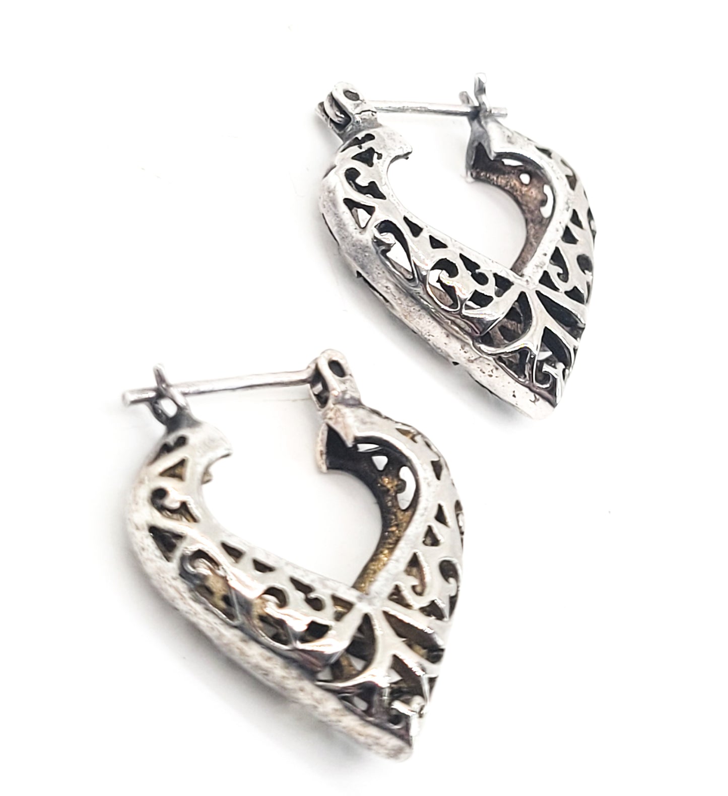 Heart Filigree vintage sterling silver large hoop earrings SU TH