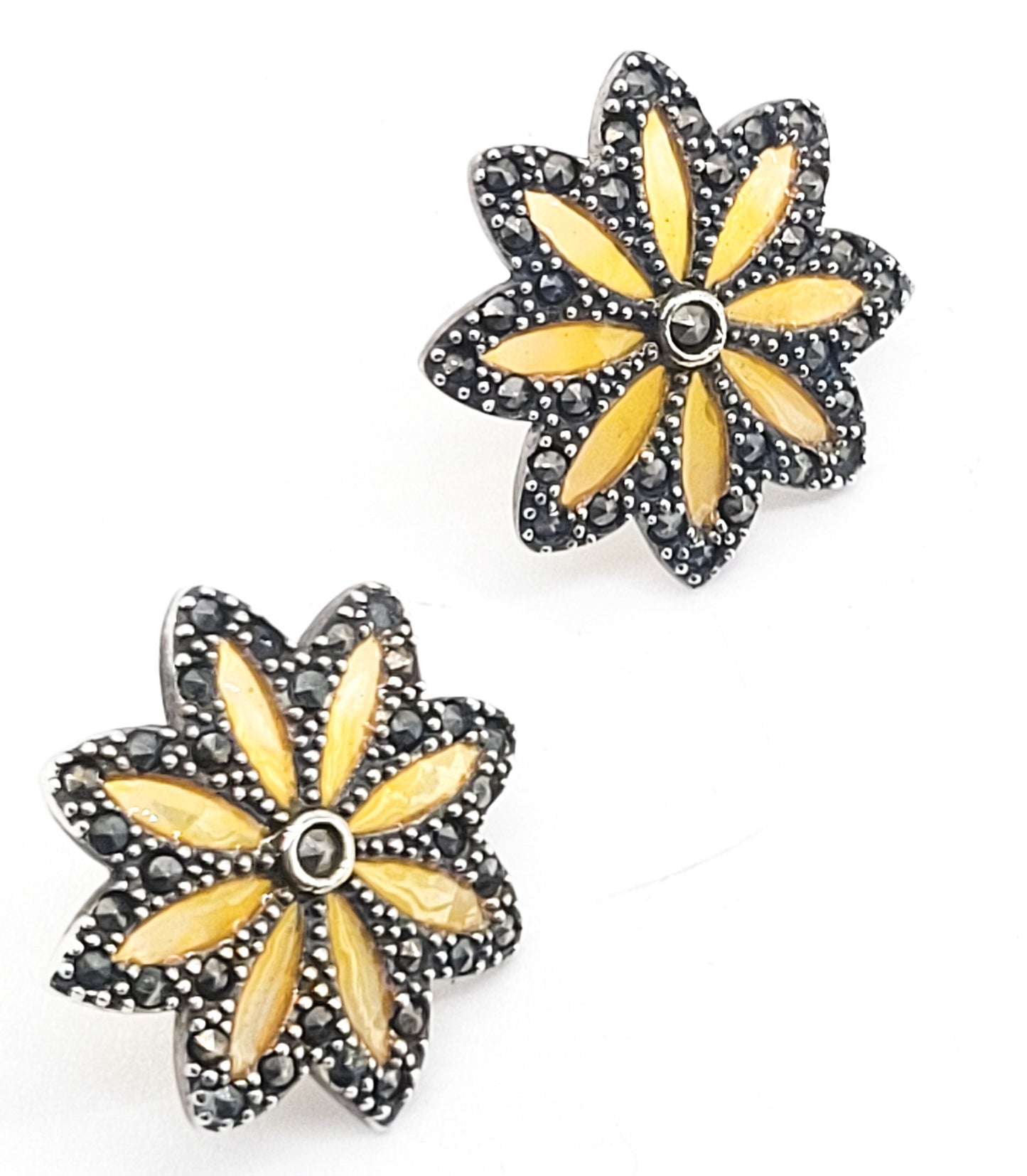 Macy's Plique a jour stained glass yellow flower sterling silver marcasite earrings