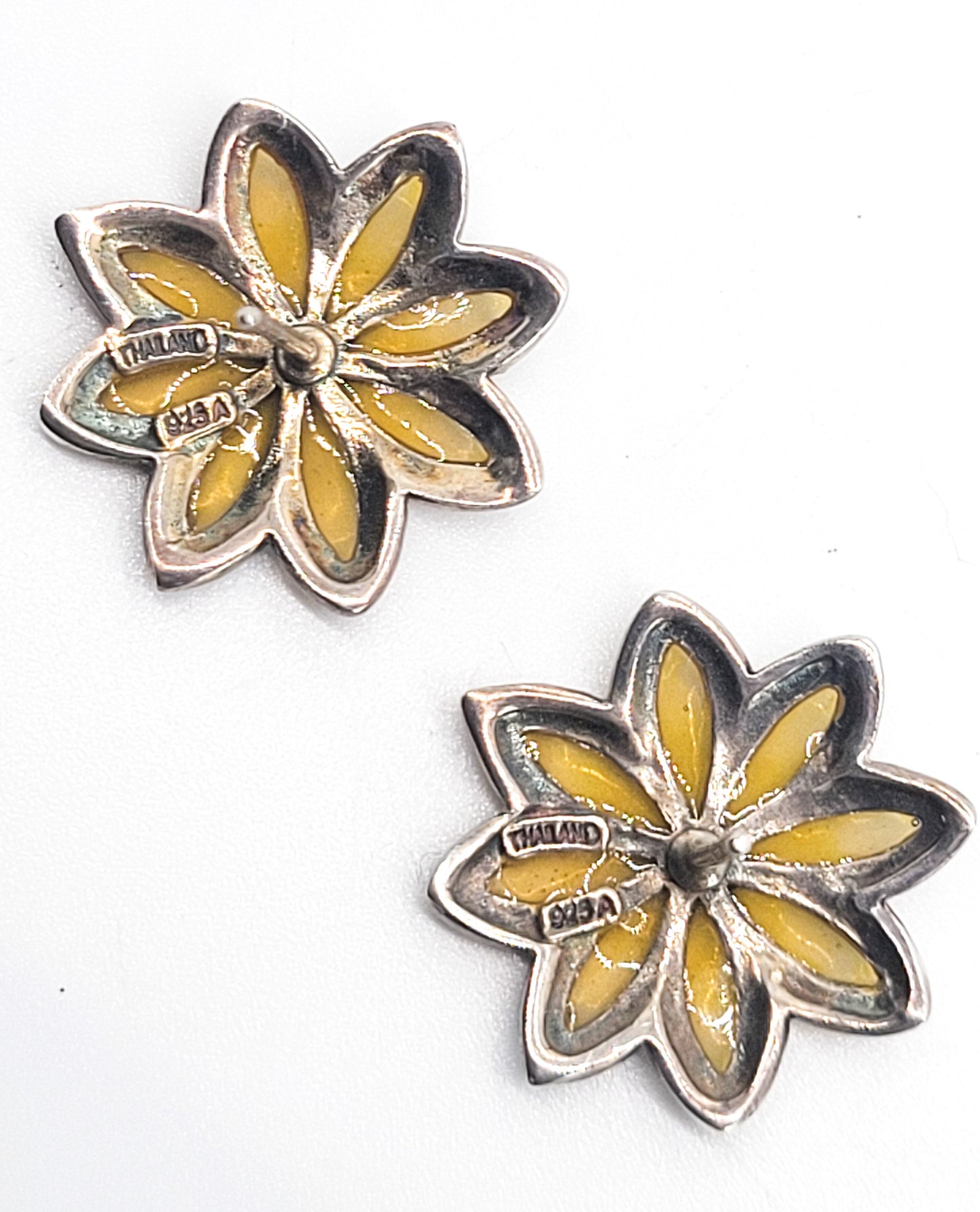 Macy's Plique a jour stained glass yellow flower sterling silver marcasite earrings