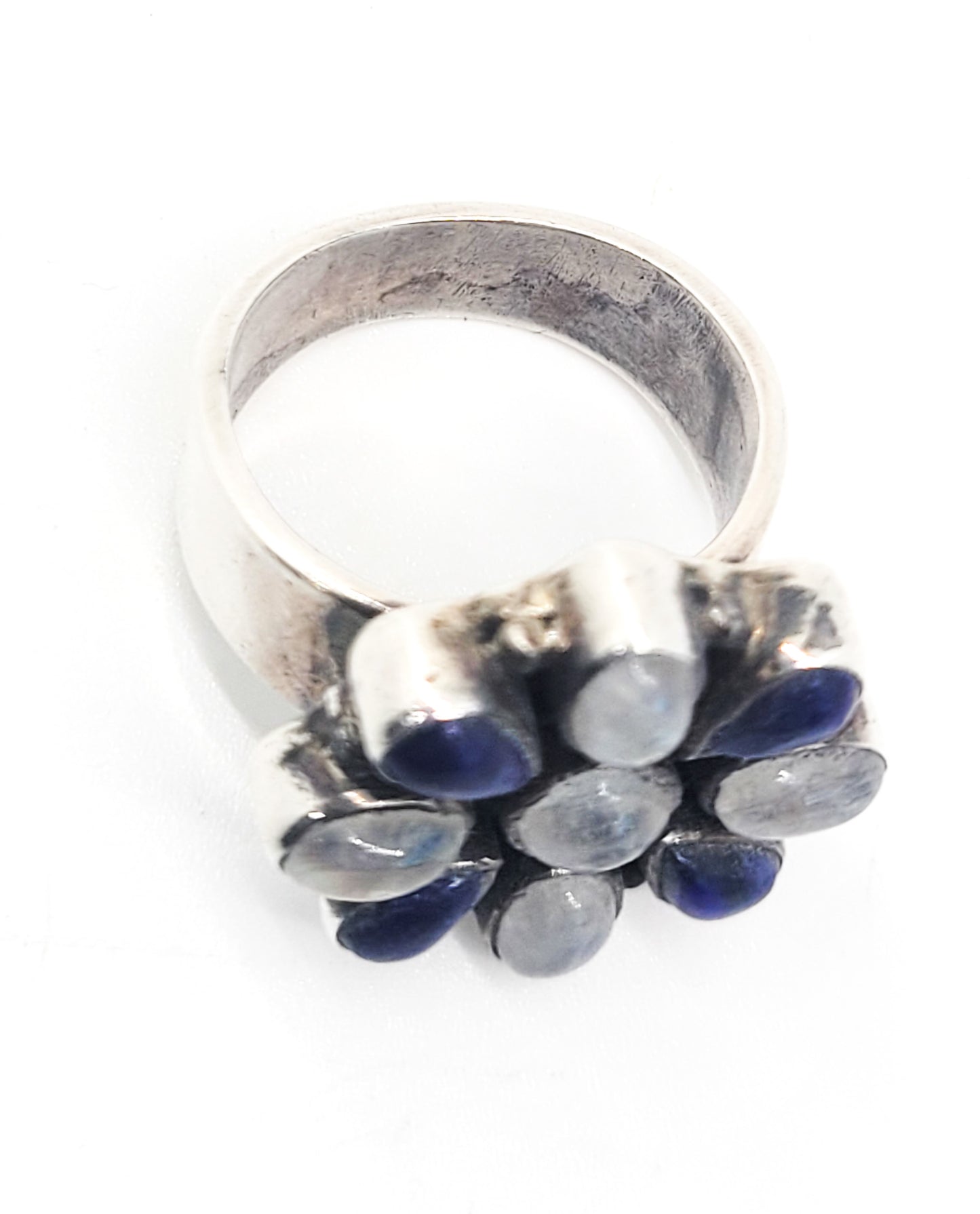 Blue moonstone and lapis lazuli vintage cluster flower sterling silver ring size 7.25