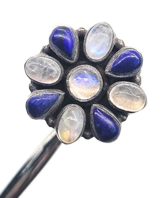 Blue moonstone and lapis lazuli vintage cluster flower sterling silver ring size 7.25