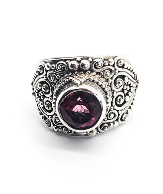 Sarda Pink tourmaline Balinese style large sterling silver ring size 7