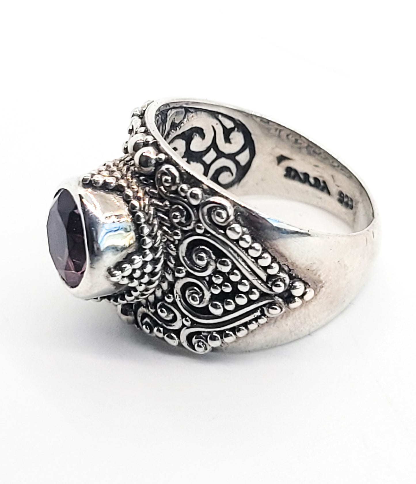 Sarda Pink tourmaline Balinese style large sterling silver ring size 7