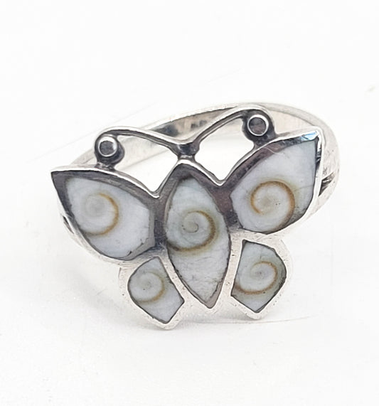 Butterfly Eye of Shiva shell vintage split shank sterling silver ring size 8