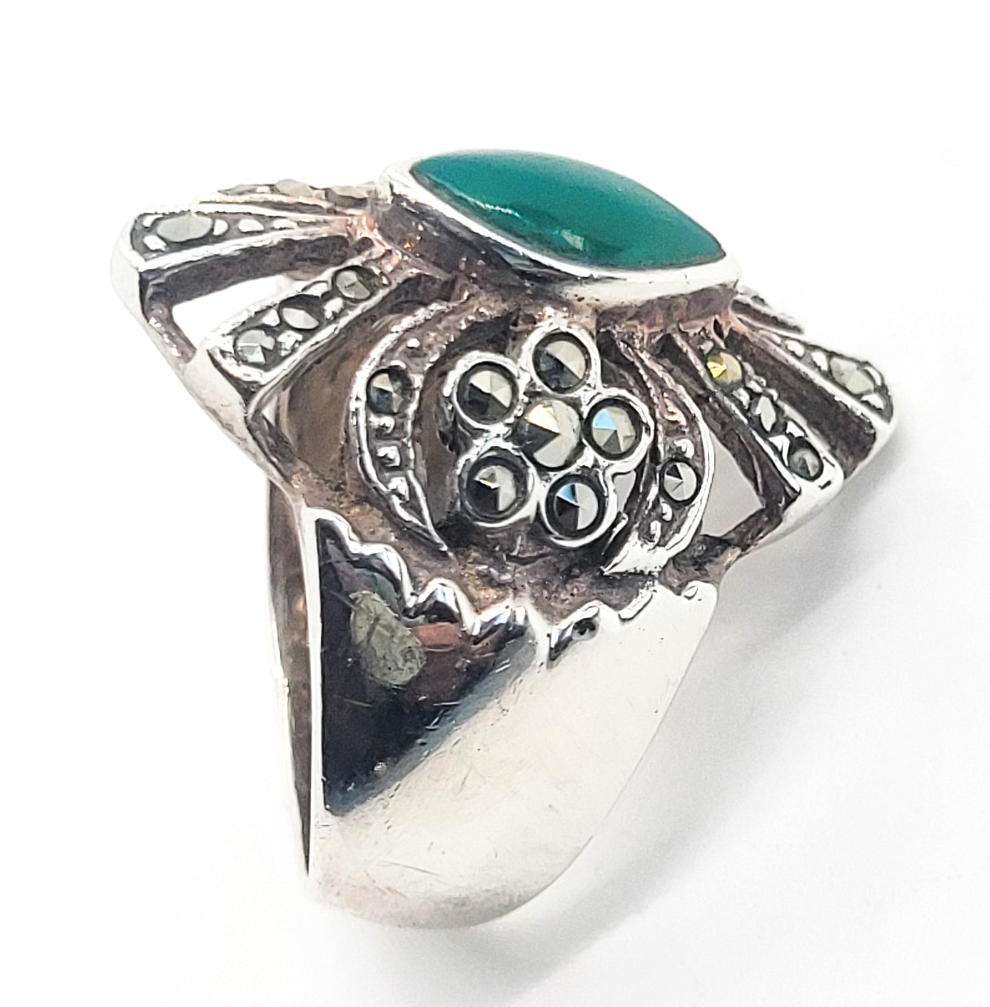 NF Green Chrysoprase and marcasite sterling silver retro vintage ring size 6.5