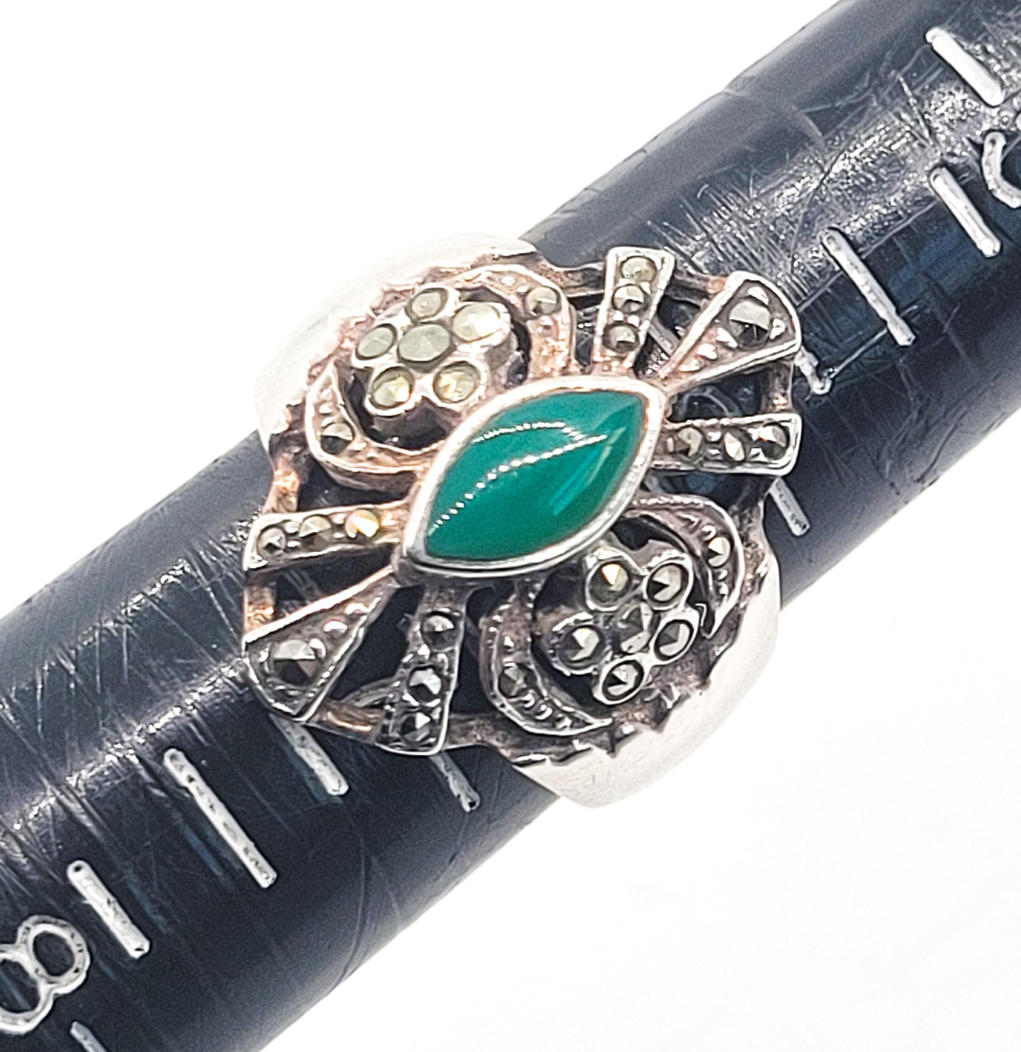 NF Green Chrysoprase and marcasite sterling silver retro vintage ring size 6.5