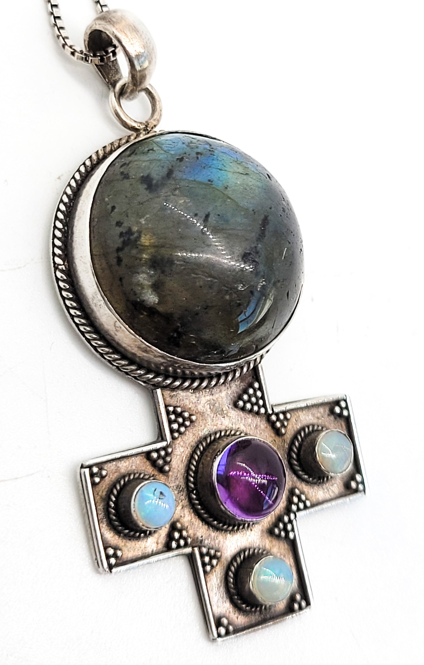 Labradorite amethyst and fire opal tribal Bali sterling silver pendant necklace.