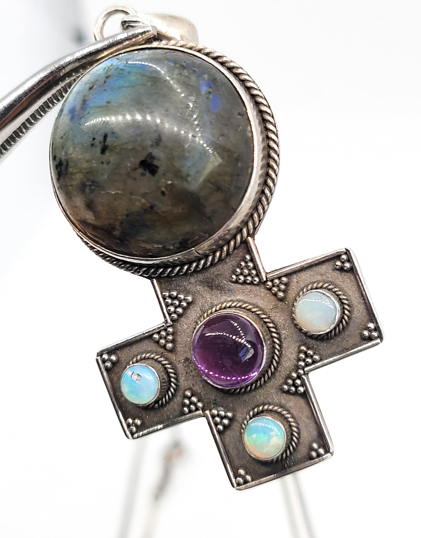 Labradorite amethyst and fire opal tribal Bali sterling silver pendant necklace.