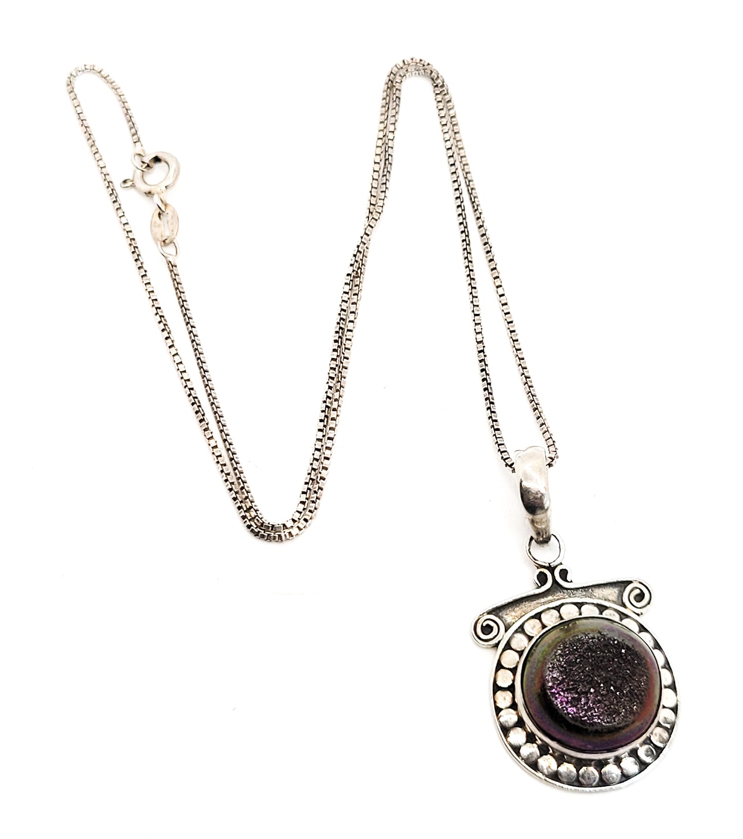 Druzy titanium angel aura purple gold sterling silver vintage tribal Bali pendant necklace