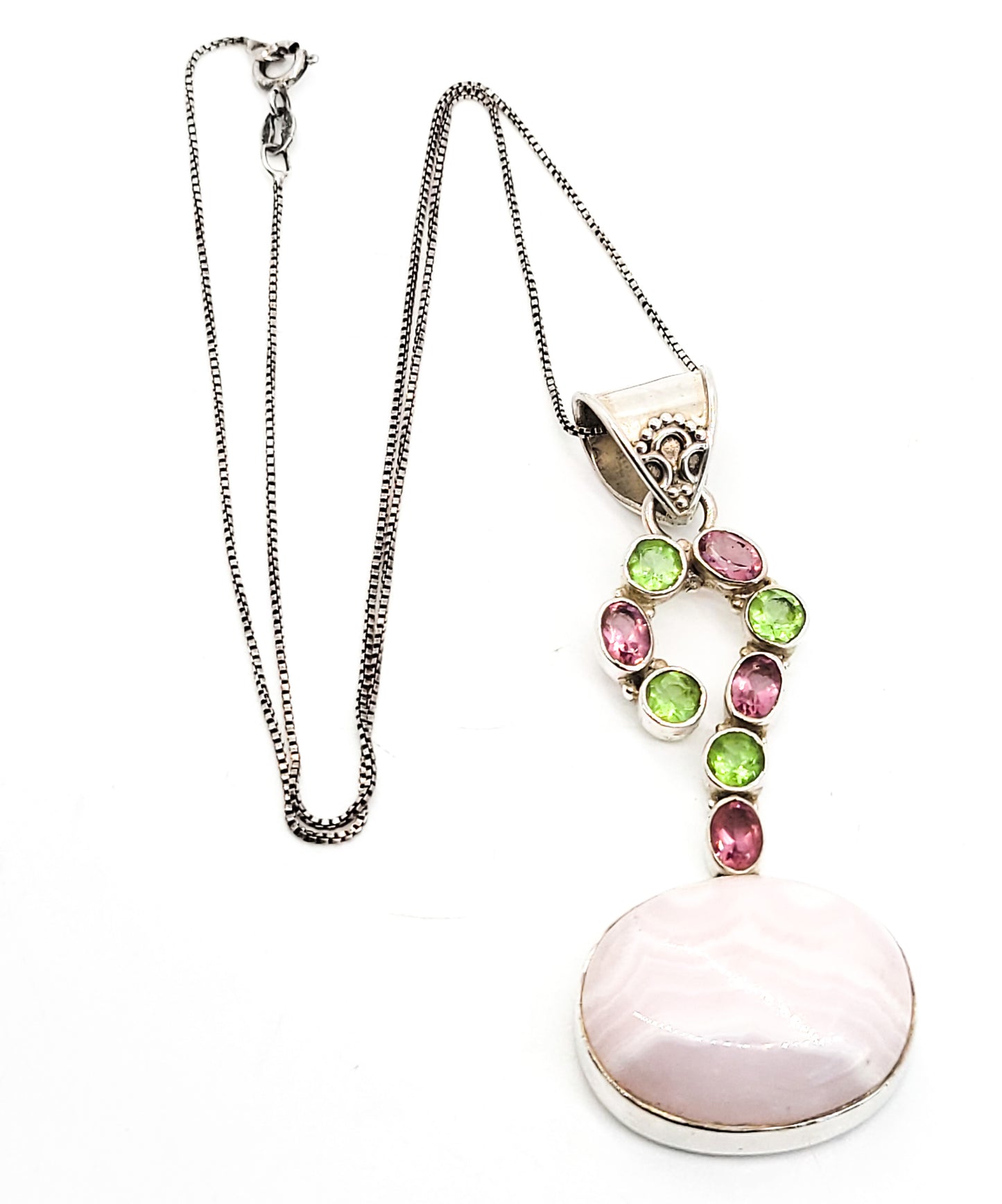 Bali Pink Banded Agate spring pink and green gemstone sterling silver necklace