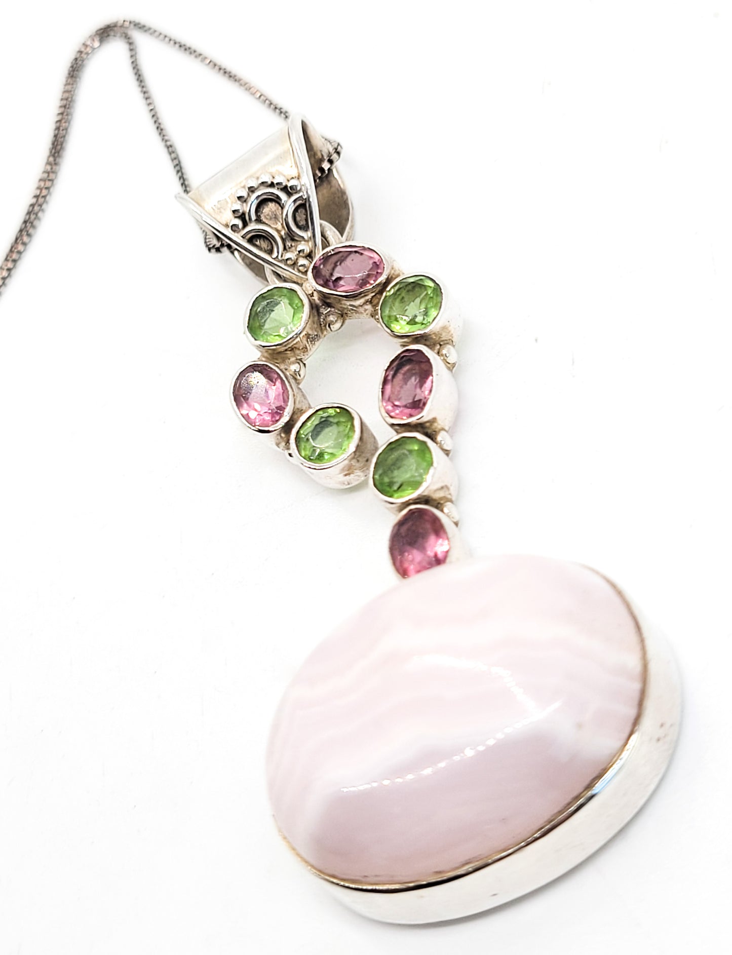Bali Pink Banded Agate spring pink and green gemstone sterling silver necklace