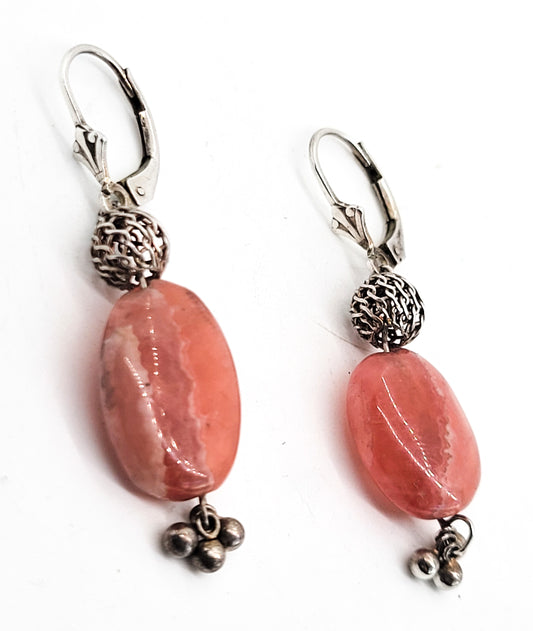 Rhodochrosite banded pink gemstone vintage drop sterling silver earrings
