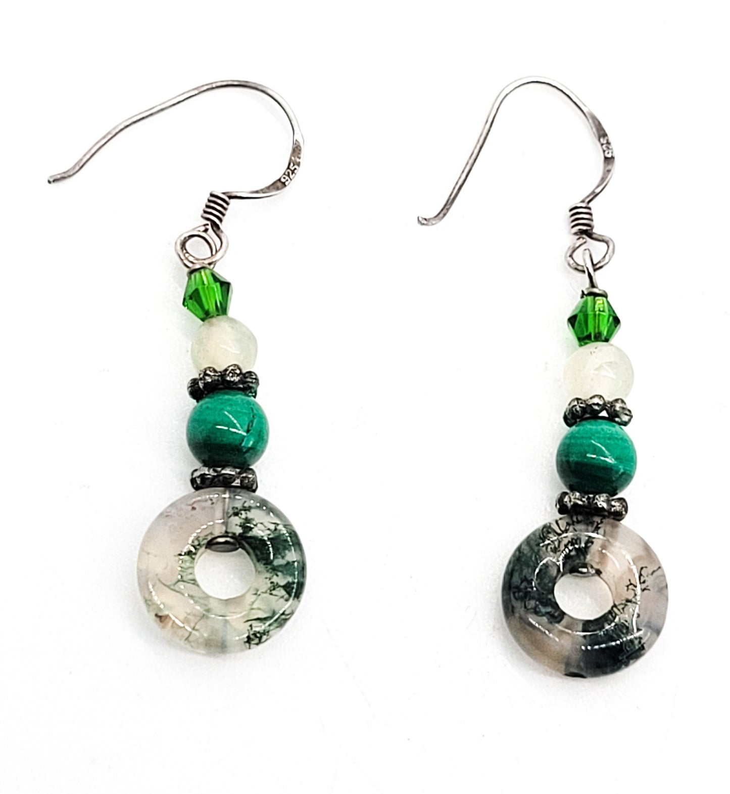 Moss agate beaded green and white gemstone sterling silver vintage earrings