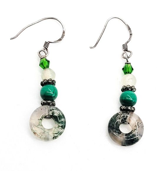 Moss agate beaded green and white gemstone sterling silver vintage earrings