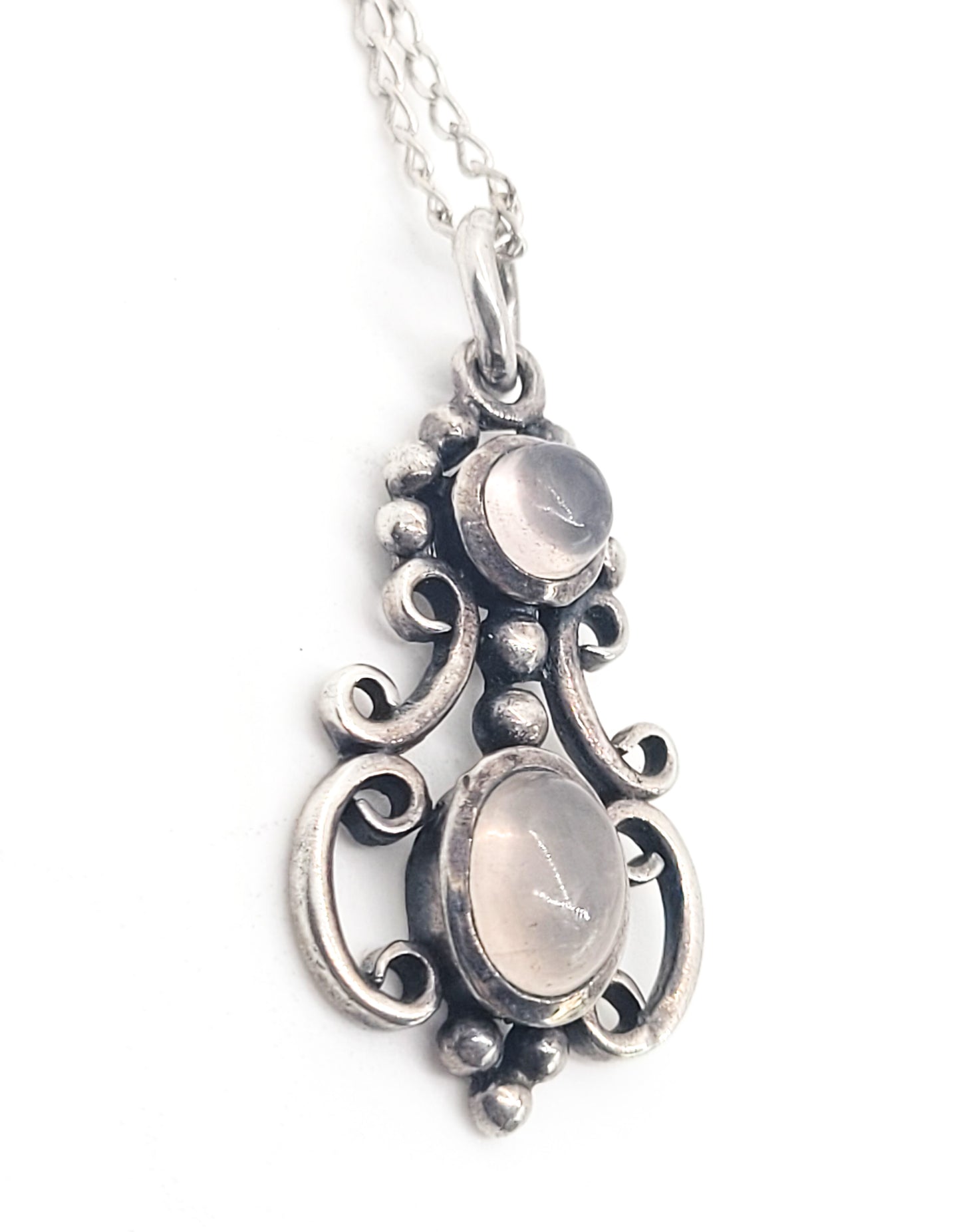 Rose Quartz tribal Bali Bohemian vintage sterling silver long 24 inch drop necklace