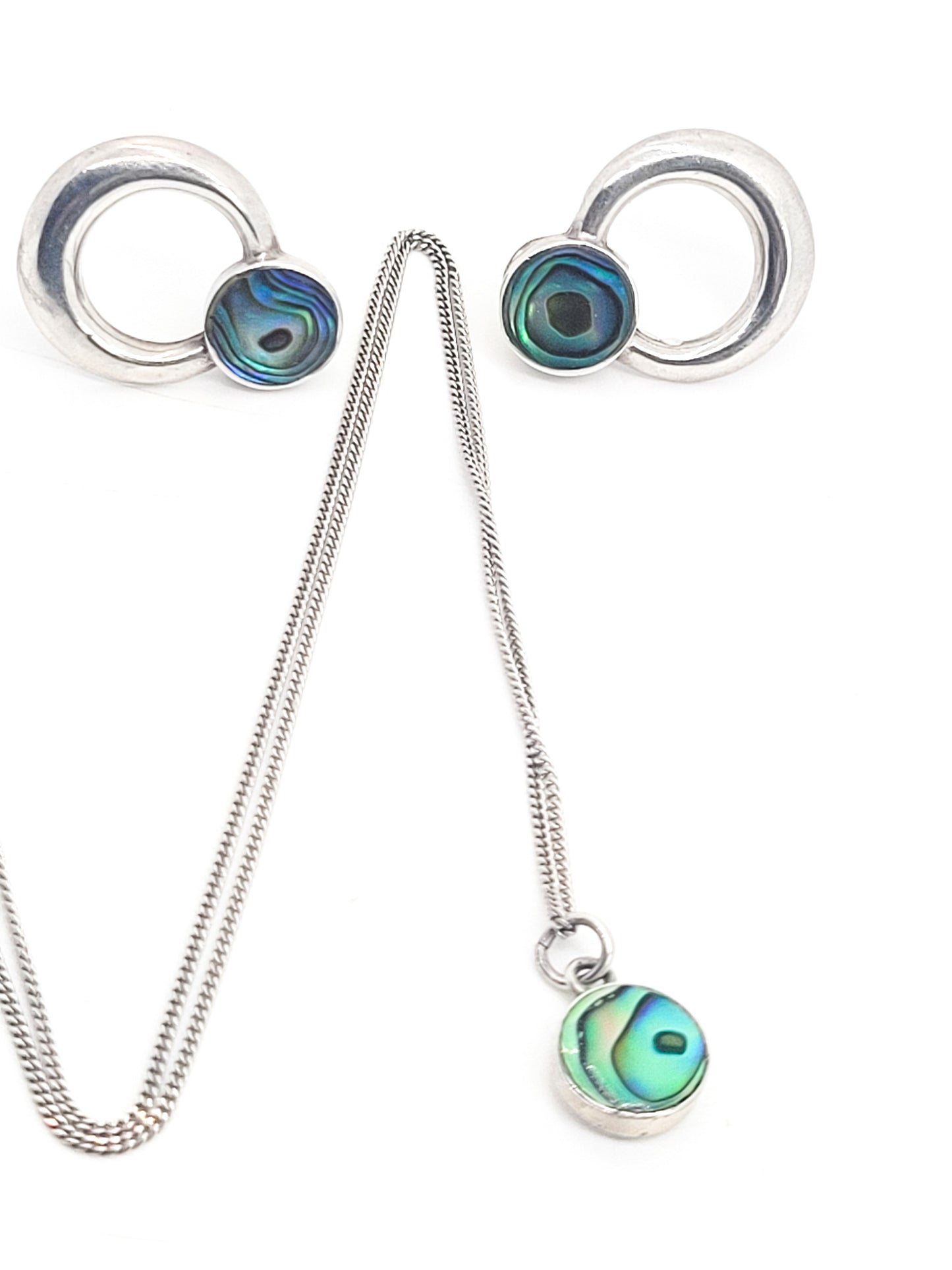 STG Abalone Paua shell sterling silver hoop earrings and pendant necklace set