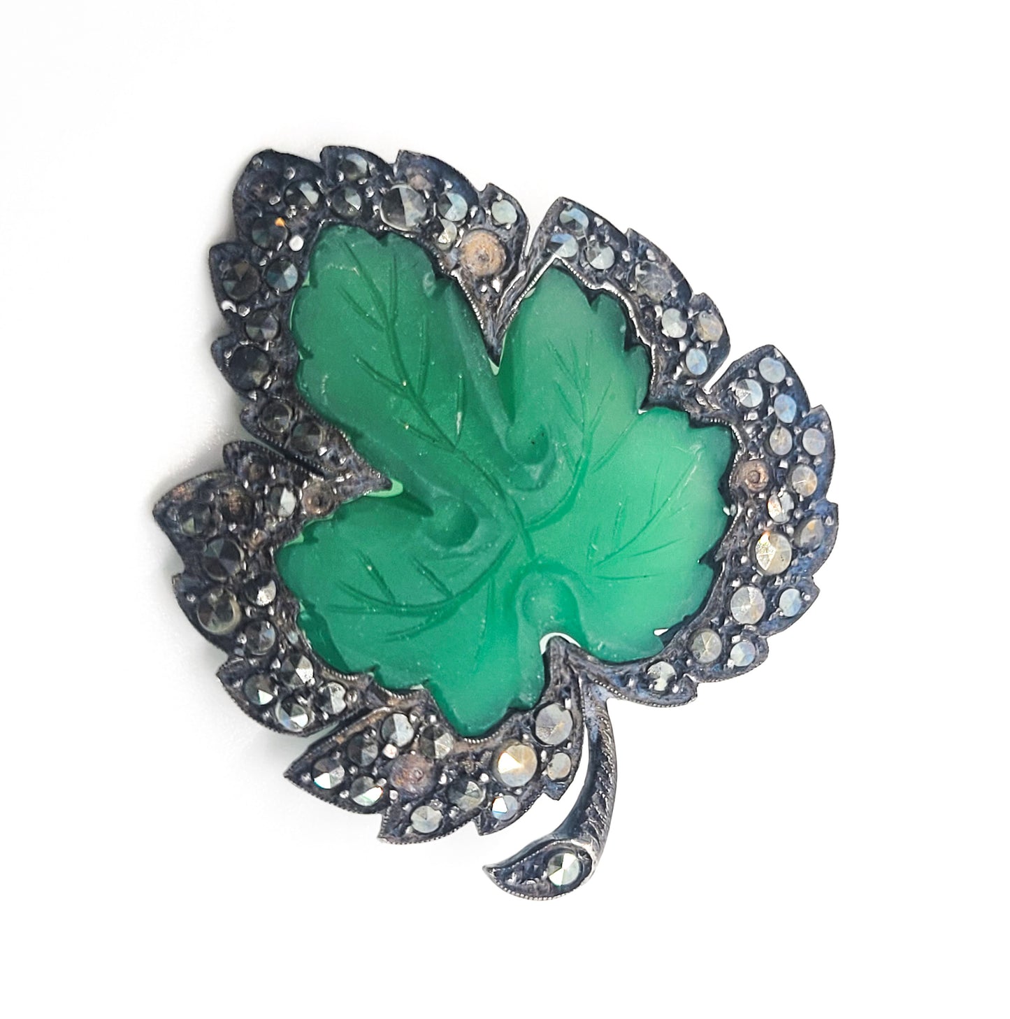 German Art Deco Marcasite frosted green glass maple leaf antique sterling silver brooch