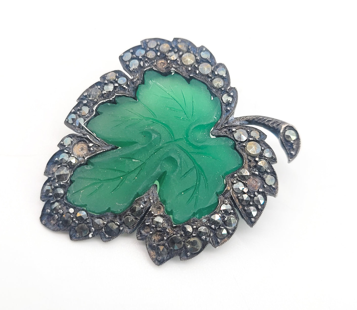 German Art Deco Marcasite frosted green glass maple leaf antique sterling silver brooch