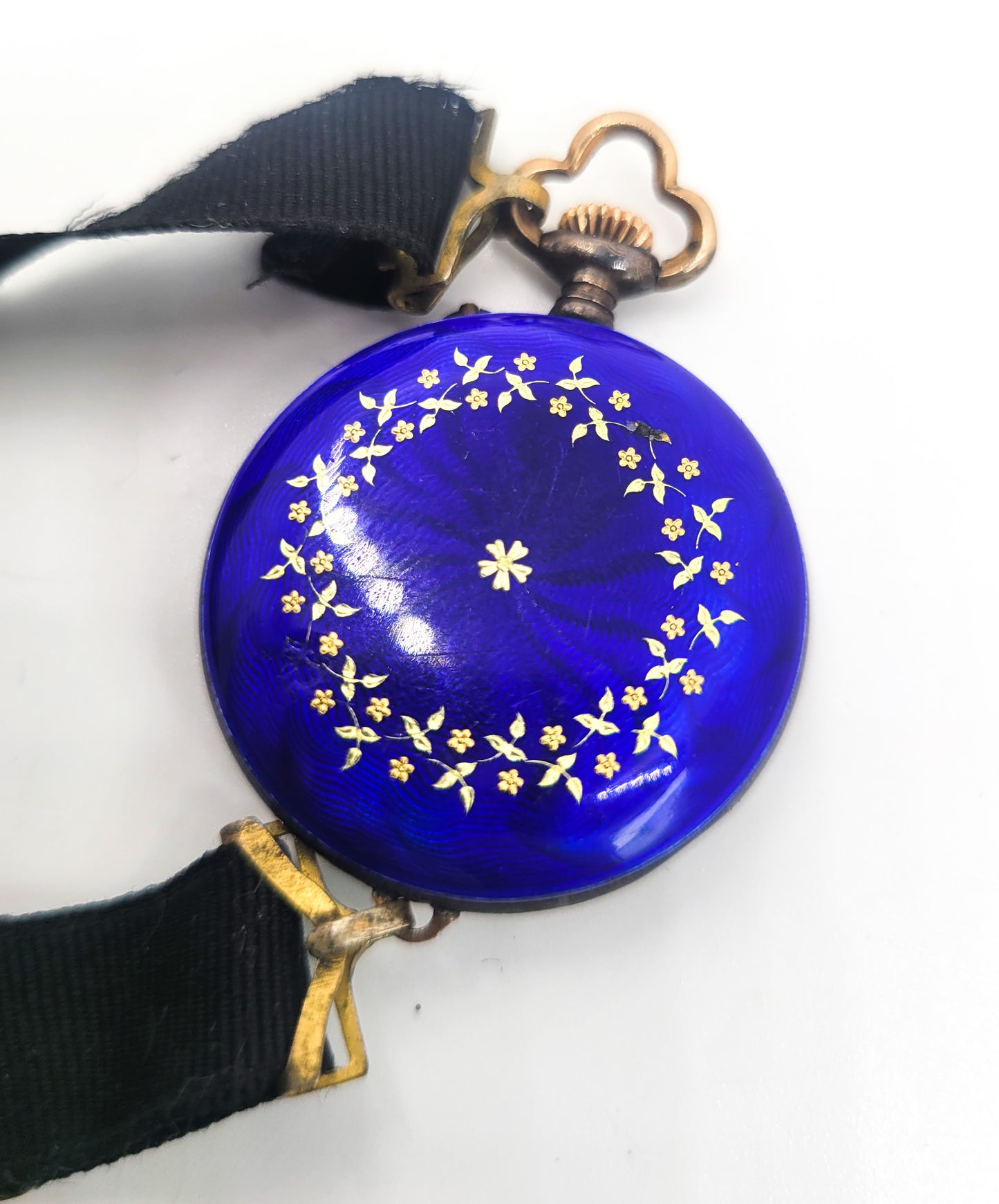 Blue Guilloche antique enamel gold filled porcelain ribbon pocket watch For repair