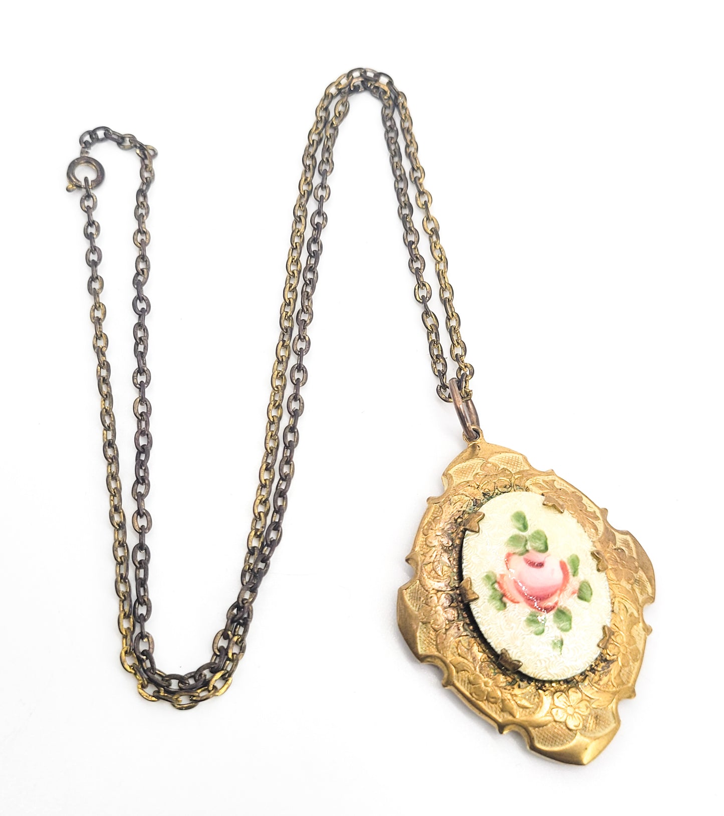Guilloche locket with Pink cabbage rose mid century enamel locket necklace