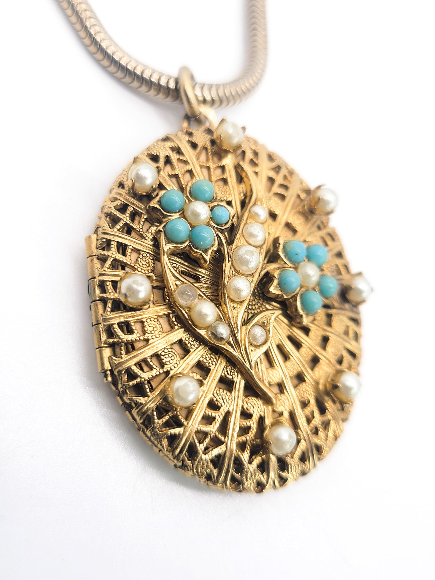 Reinad Mid century pearl and turquoise blue gold toned flower locket necklace