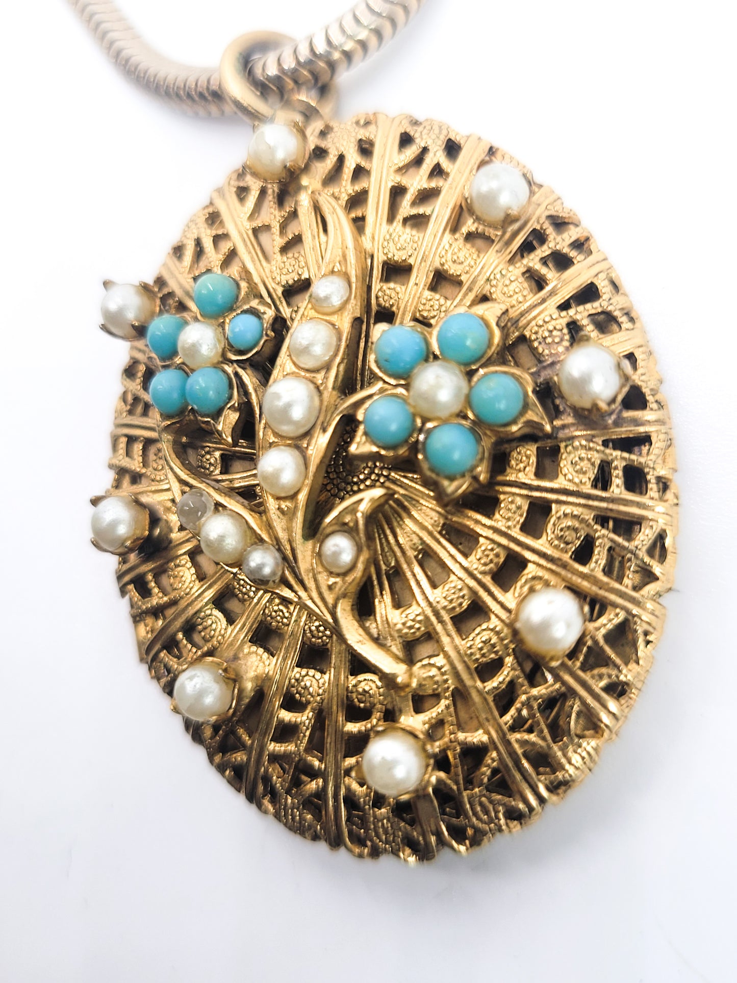 Reinad Mid century pearl and turquoise blue gold toned flower locket necklace