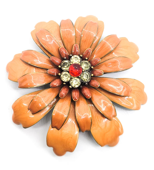 Orange enamel and red rhinestone vintage metal flower brooch