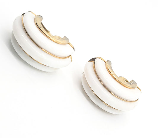 Monet signed white and gold ribbed half hoop vintage clip on earrings