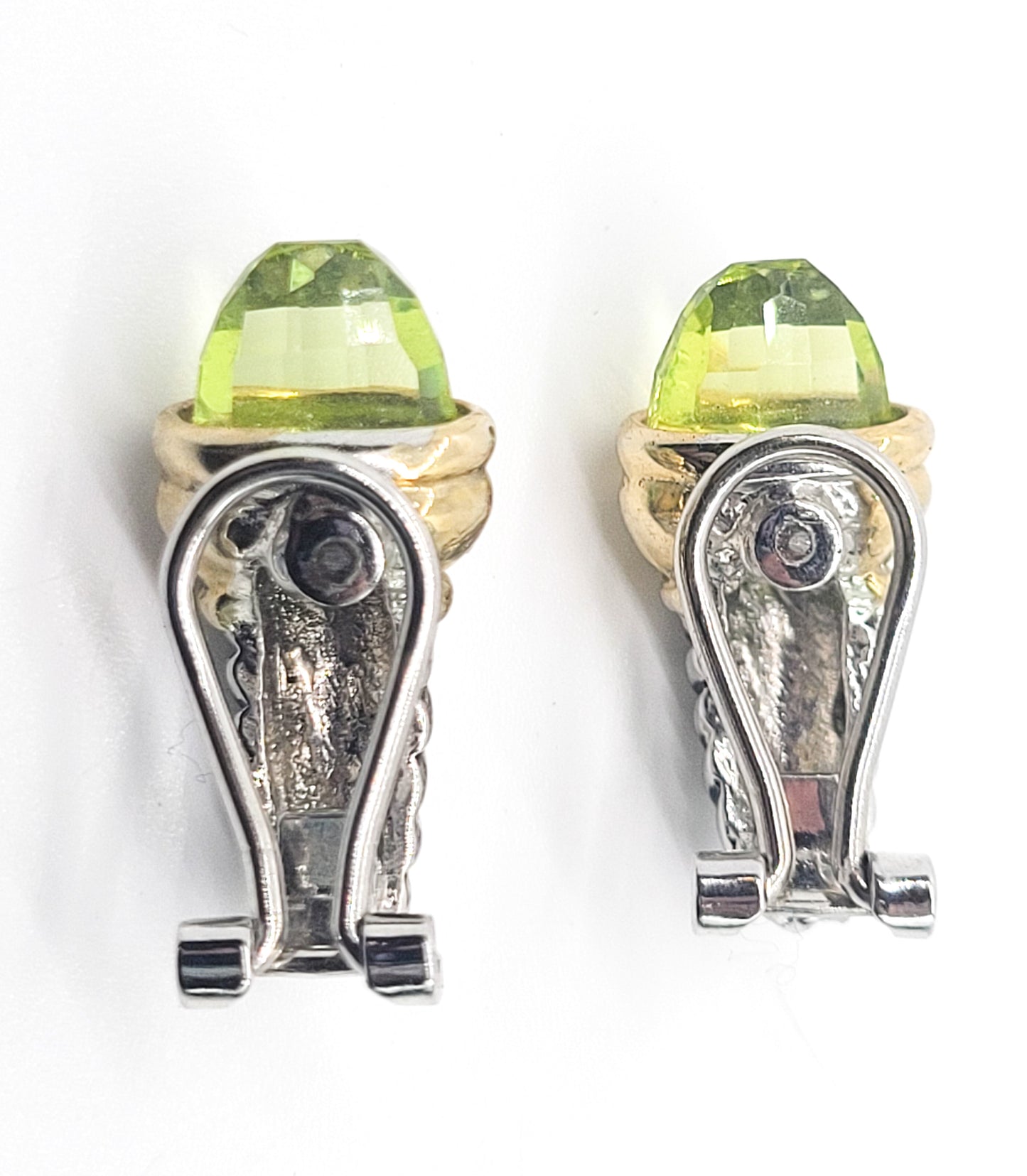 Green faceted crystal silver and gold toned vintage scepter clip on earrings