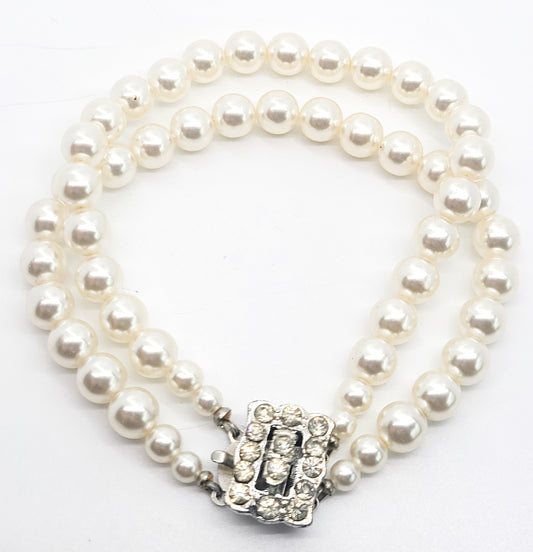 White faux pearl vintage double strand rhinestone clasp bracelet
