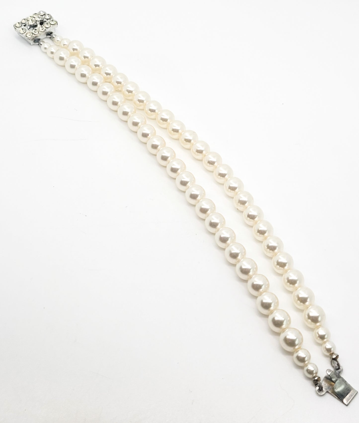 White faux pearl vintage double strand rhinestone clasp bracelet