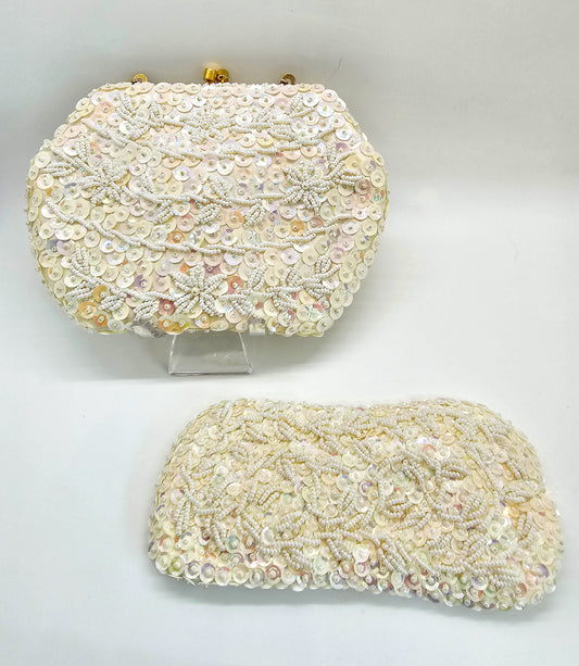 JBM Cream sequin and beaded vintage evening bag and glasses holder set